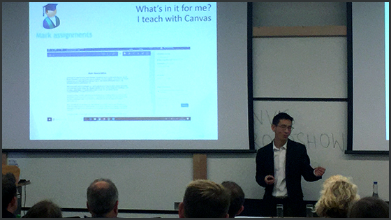 Fawei Geng demonstrating Canvas at the Mathematical Institute Learning technologists demonstrating Canvas at the Mathematical Institute